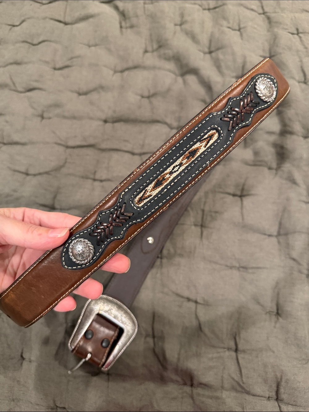 Nocona Genuine Leather Men's Western Belt with Silver Floral Buckle - Brown - Picture 5 of 5